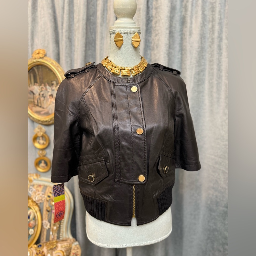 Tory Burch Black Leather Jacket with 3/4 Sleeves
